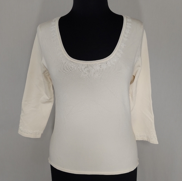 Il gilet Silk Knit Top Medium Beaded Scoop Neck Elbow Sleeve Stretch Swearwe - Picture 6 of 8